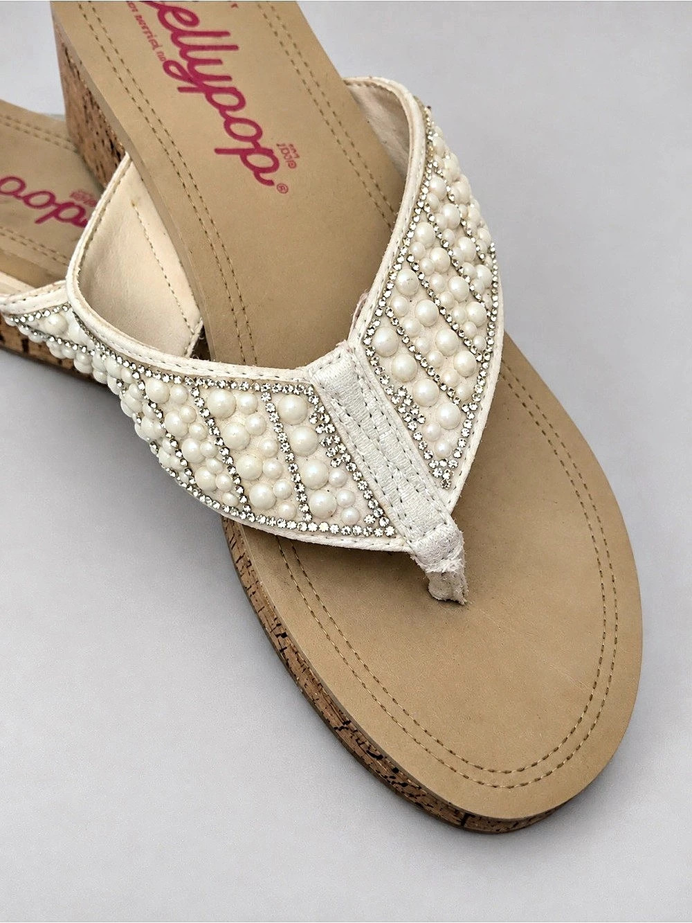 Jellypop Lovat Pearl Embellished Wedge Sandals White & Tan US 7
